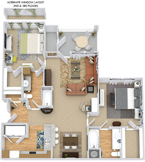 Floor plan for 2 beds, 2 baths, 1102 sqft